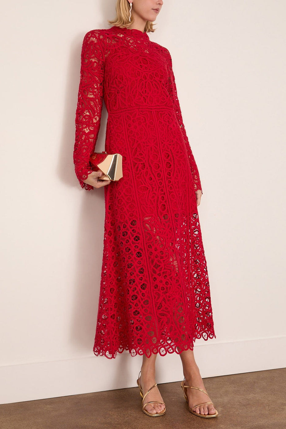 Sea Adelina Battenberg Lace Long Sleeve Maxi Dress in Red