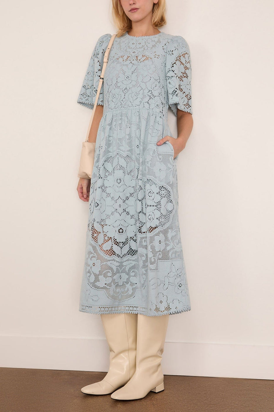 Sea Arianna Lace Short Sleeve Midi Dress in Blue