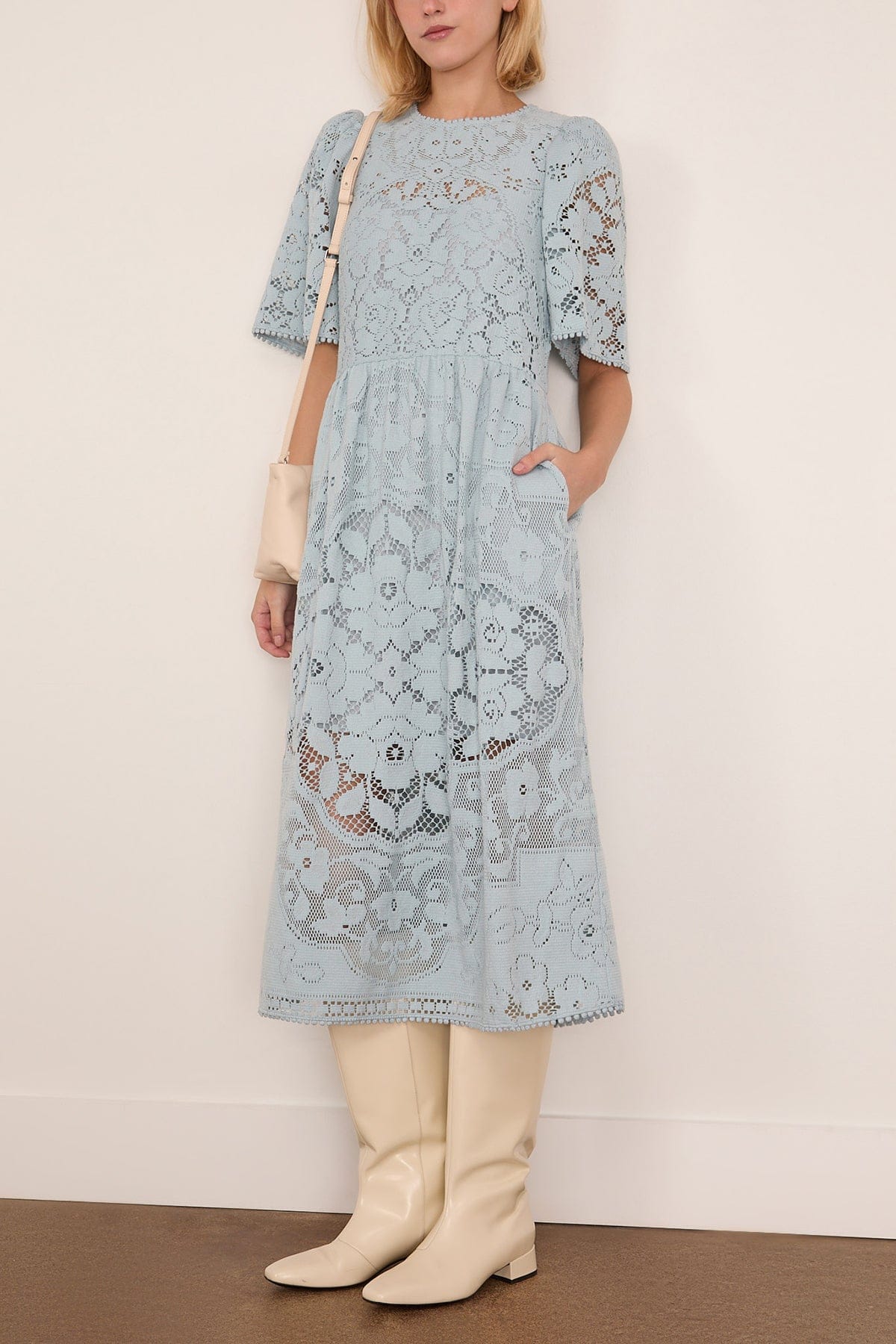 SEA NY Arianna Lace Short Sleeve Midi Dress in Blue Hampden Clothing SEA NY Arianna Lace Short Sleeve Midi Dress in Blue Hampden Clothing