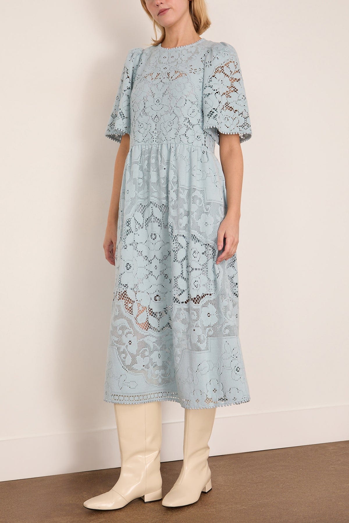 SEA NY Arianna Lace Short Sleeve Midi Dress in Blue Hampden Clothing SEA NY Arianna Lace Short Sleeve Midi Dress in Blue Hampden Clothing