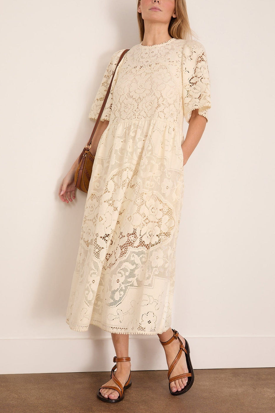 SEA NY Arianna Lace Short Sleeve Midi Dress in Cream Hampden Clothing SEA NY Arianna Lace Short Sleeve Midi Dress in Cream Hampden Clothing