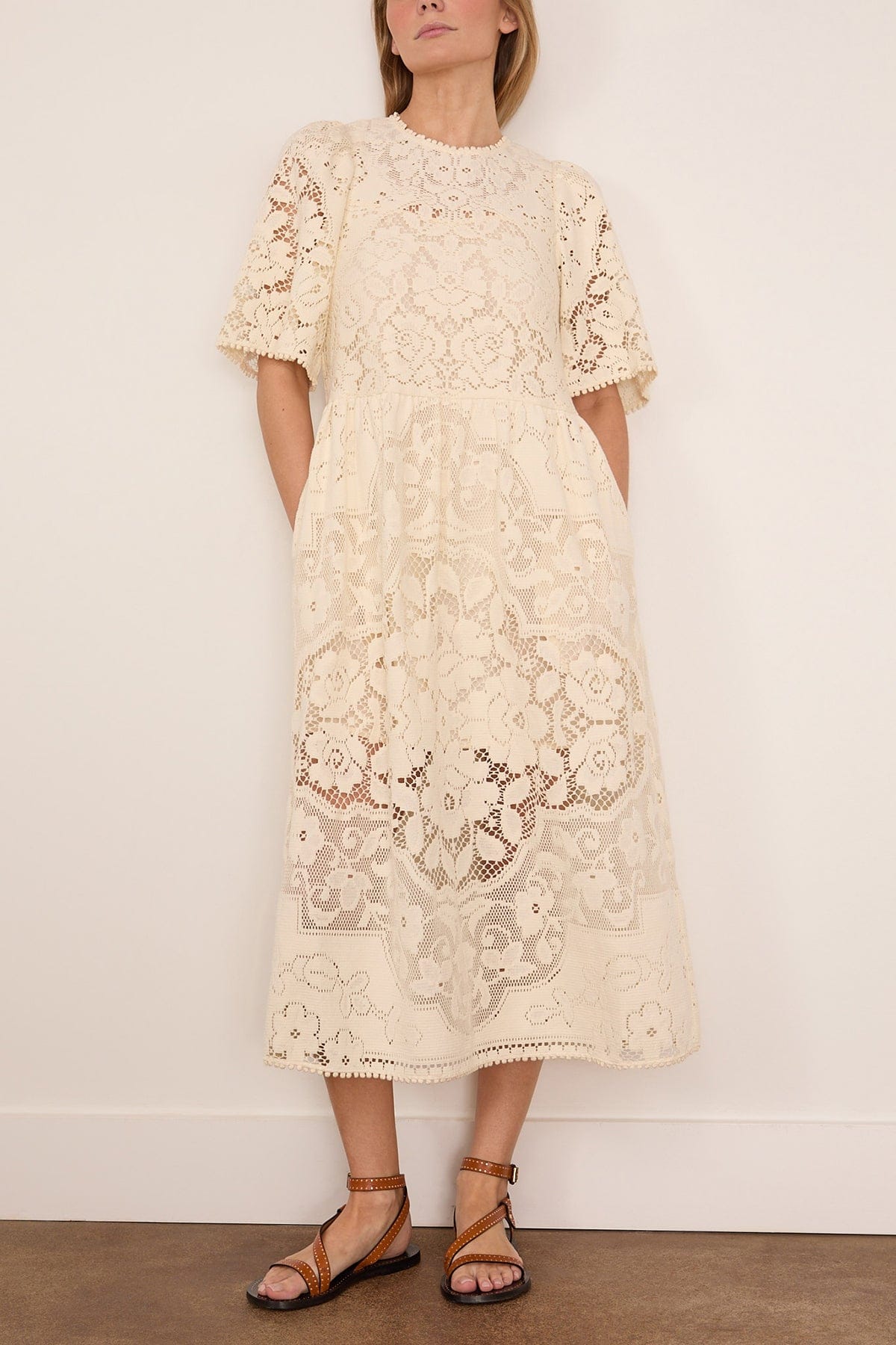 SEA NY Arianna Lace Short Sleeve Midi Dress in Cream Hampden Clothing SEA NY Arianna Lace Short Sleeve Midi Dress in Cream Hampden Clothing