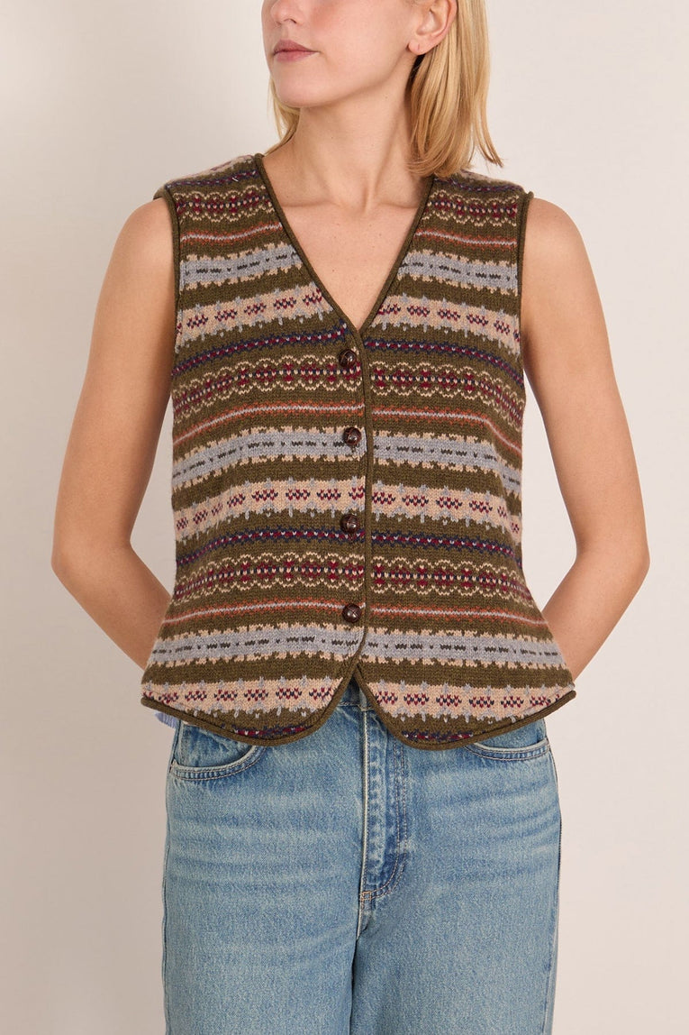 Sea Ciara Fair Isle Knit Combo Vest in Olive