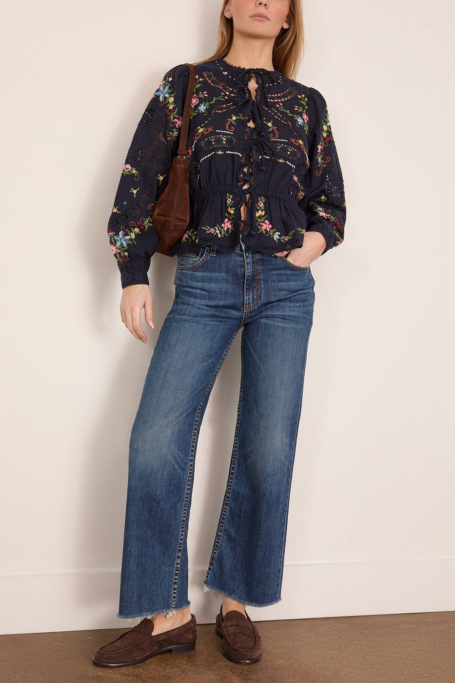 Sea Edwina Embroidered Long Sleeve Tie Front Top in Navy