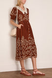 Sea Frances Print Short Sleeve Midi Dress in Brown