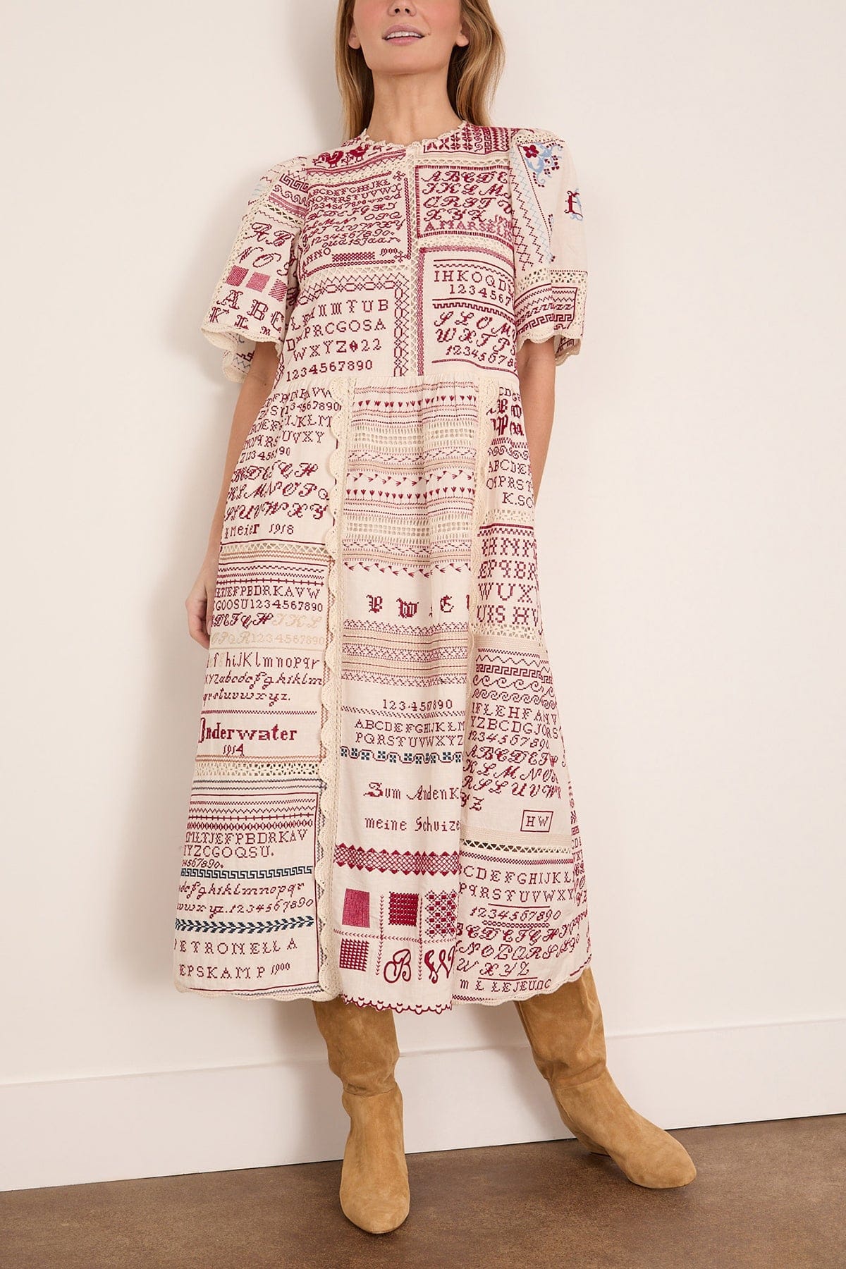 cream short sleeve midi dress SEA NY Kit Embroidered Short Sleeve Midi Dress in Cream – Hampden Clothing