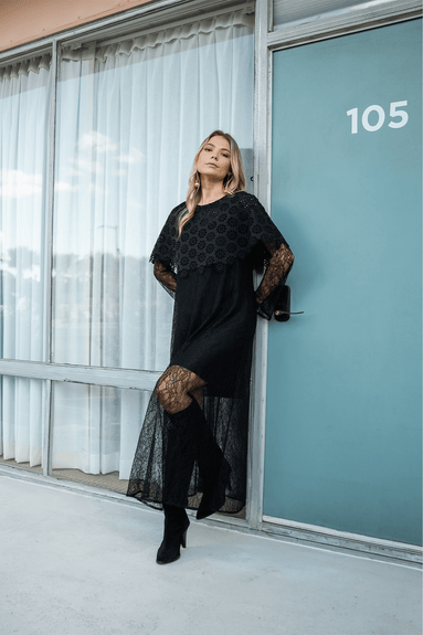 Sea Cocktail Dresses Vale Lace Long Sleeve Capelet Dress in Black SEA Vale Lace Long Sleeve Capelet Dress in Black