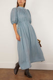 Sea Anise Solid Puff Sleeve Midi Dress in Blue