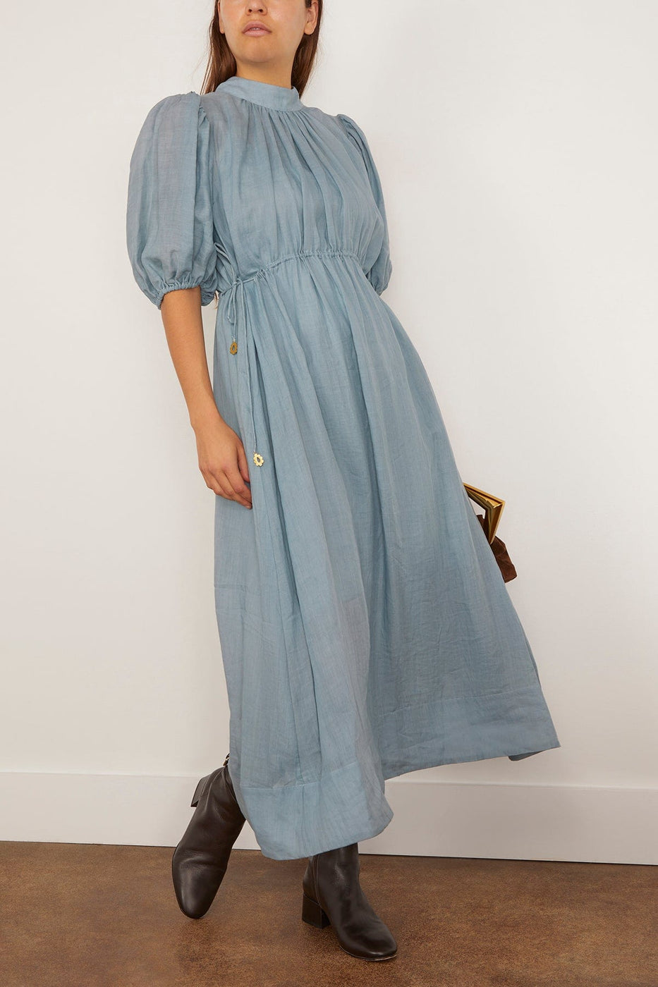 Sea Anise Solid Puff Sleeve Midi Dress in Blue