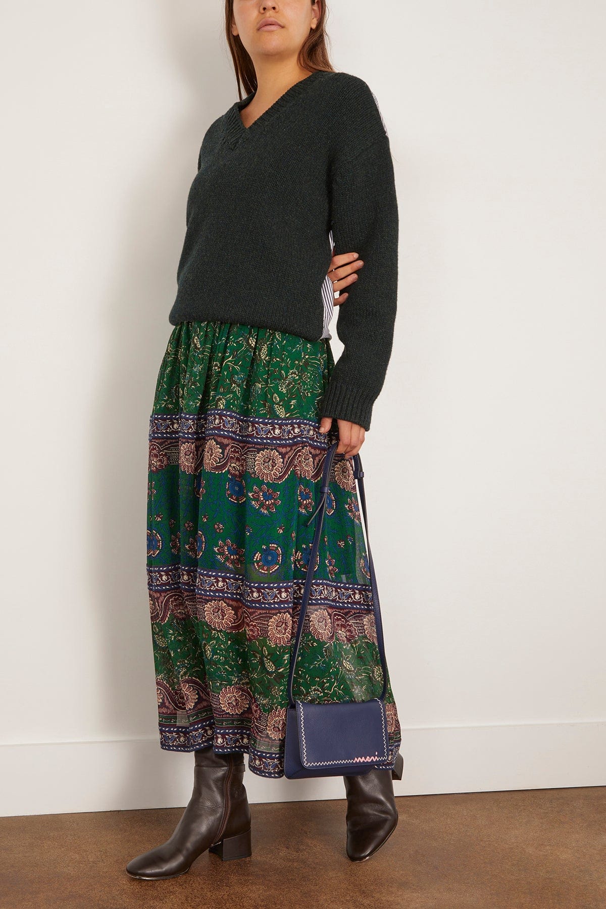 Sea Mallory V-Neck Combo Sweater in Forest