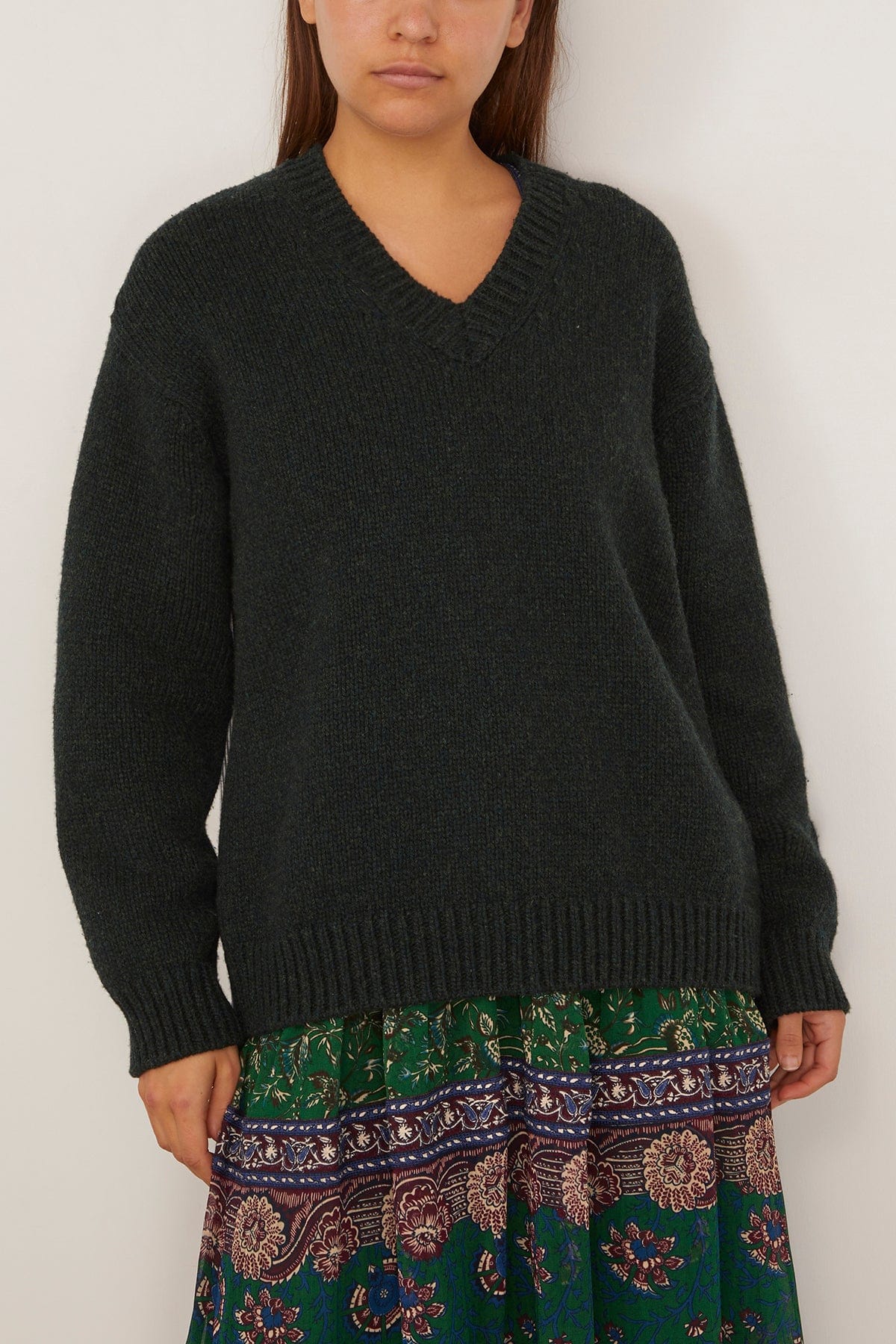 Sea Mallory V-Neck Combo Sweater in Forest