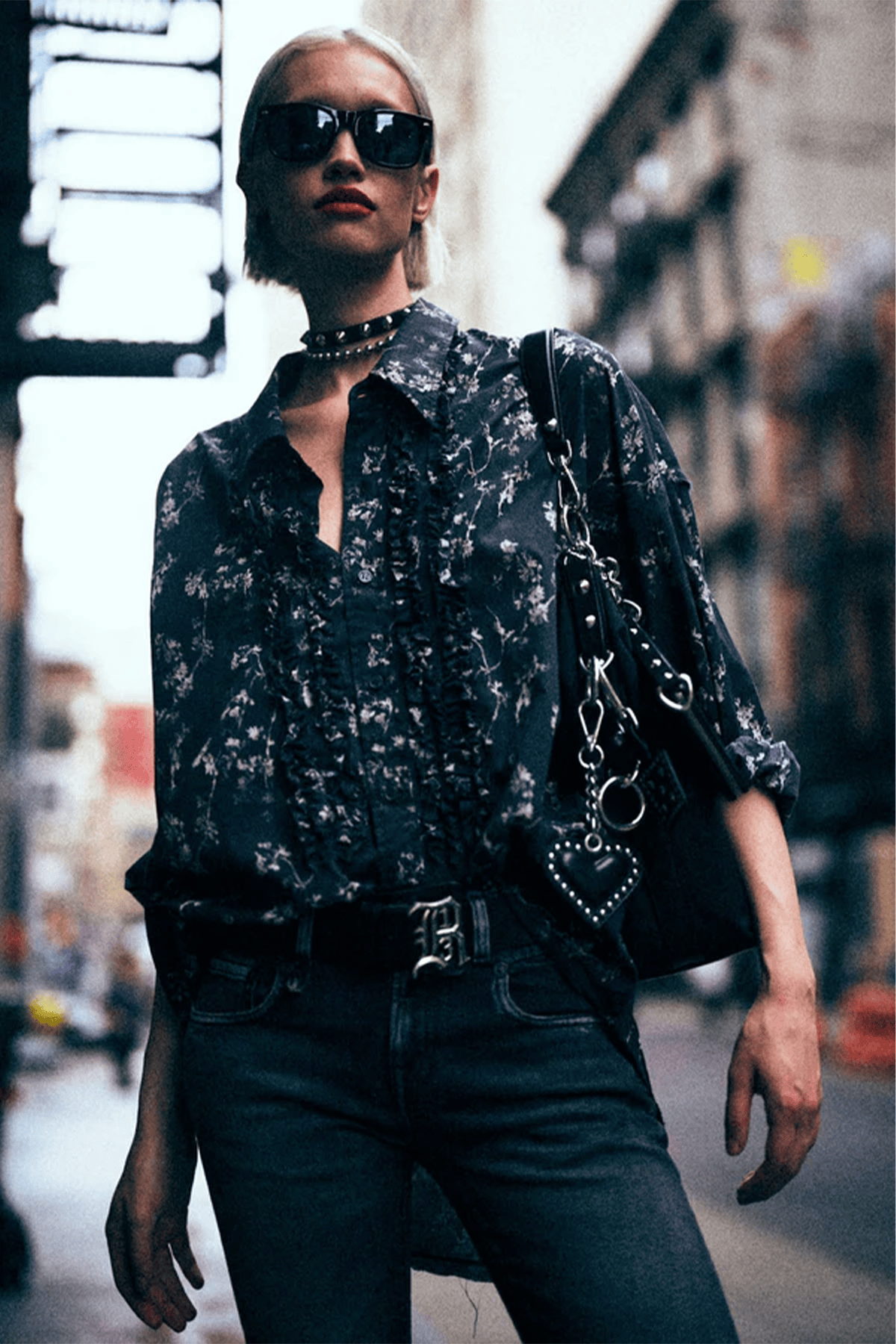 R13 Shredded Seam Ruffle Shirt in Floral on Black