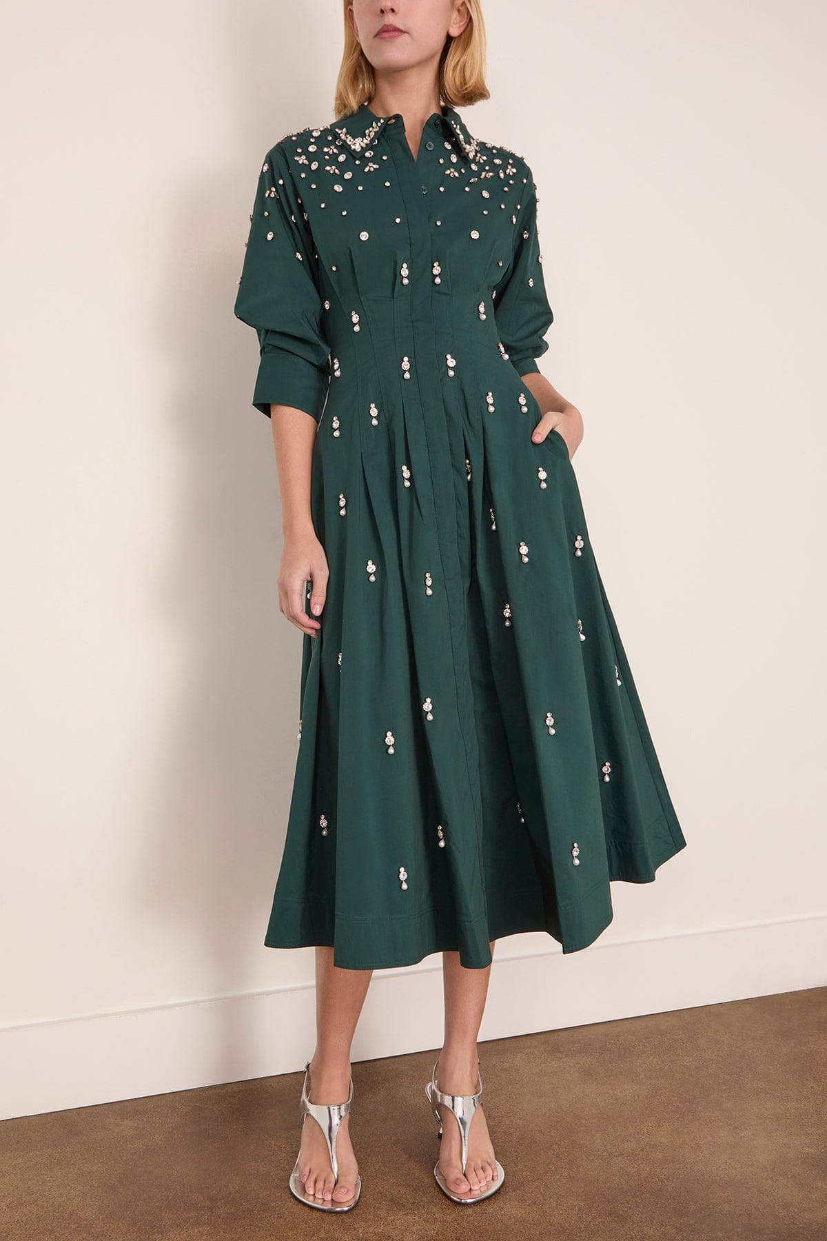 Simkhai Jazz Embellished Pintuck Midi Dress in Emerald
