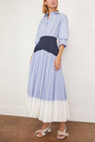 Simkhai Casual Dresses Jenella Pleated Combo Midi Dress in Harbor Blue Stripe Simkhai Jenella Pleated Combo Midi Dress in Harbor Blue Stripe