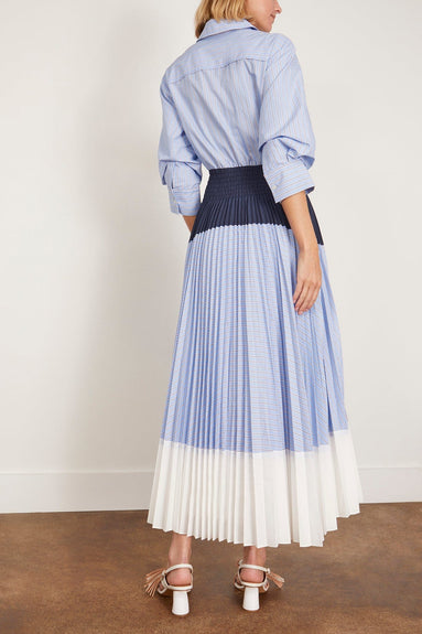 Simkhai Casual Dresses Jenella Pleated Combo Midi Dress in Harbor Blue Stripe Simkhai Jenella Pleated Combo Midi Dress in Harbor Blue Stripe