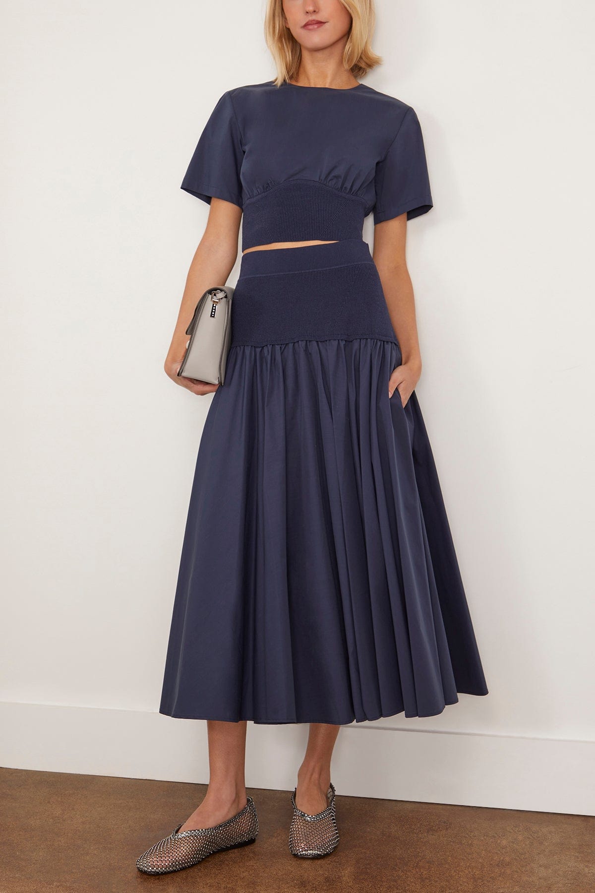 Simkhai Skirts Stella Midi Skirt With Knit Yoke in Midnight Simkhai Stella Midi Skirt With Knit Yoke in Midnight