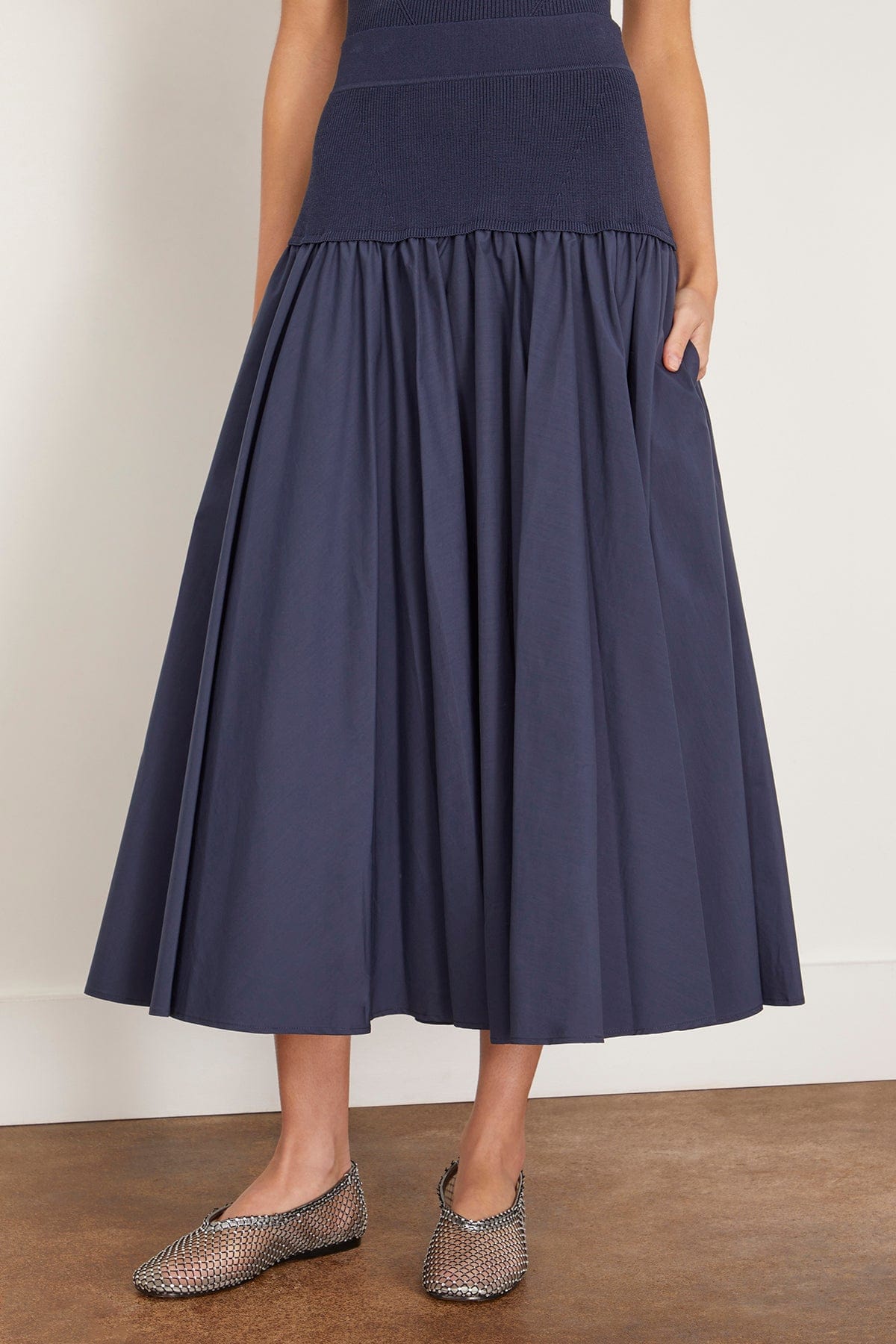 Simkhai Skirts Stella Midi Skirt With Knit Yoke in Midnight Simkhai Stella Midi Skirt With Knit Yoke in Midnight