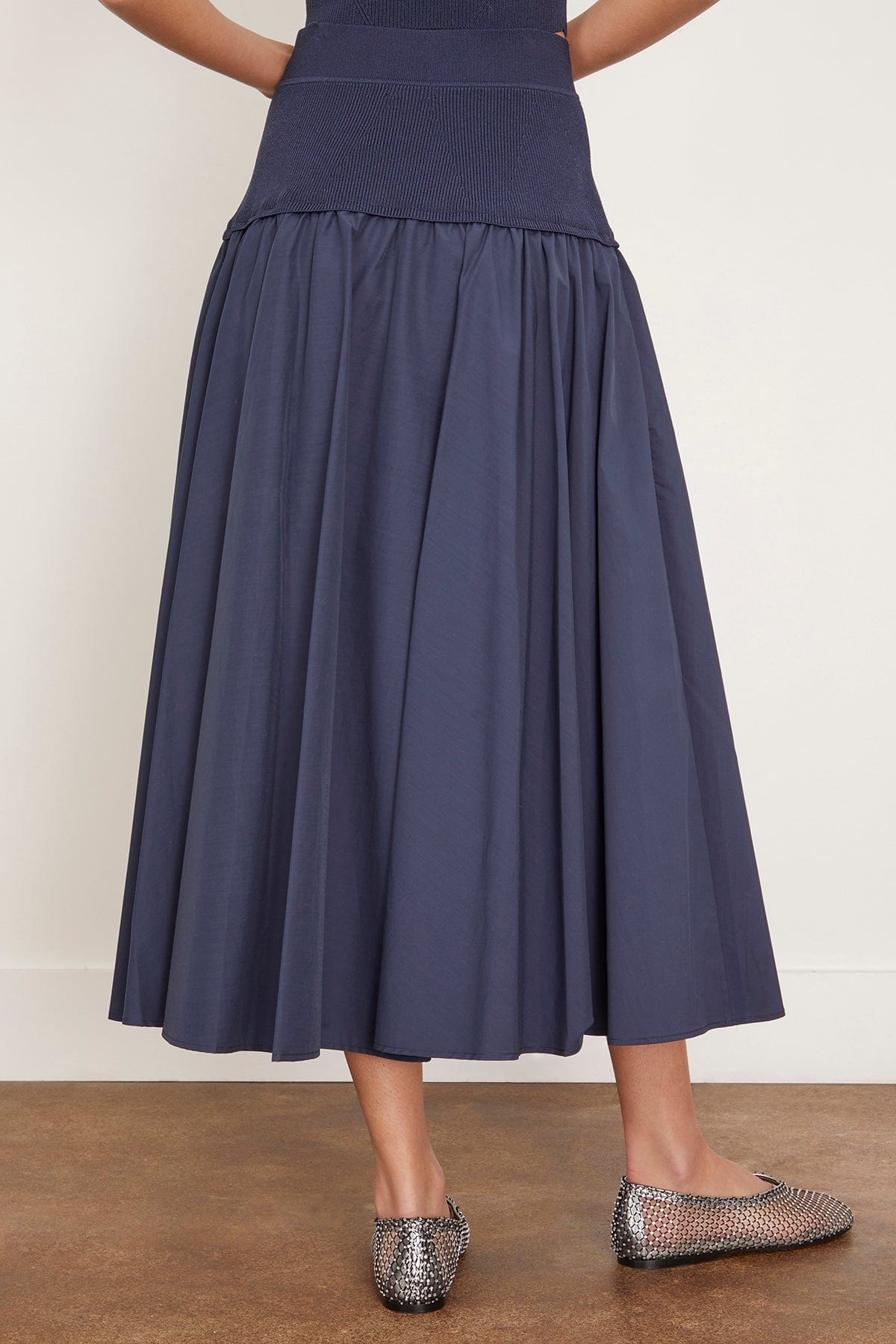 Simkhai Skirts Stella Midi Skirt With Knit Yoke in Midnight Simkhai Stella Midi Skirt With Knit Yoke in Midnight