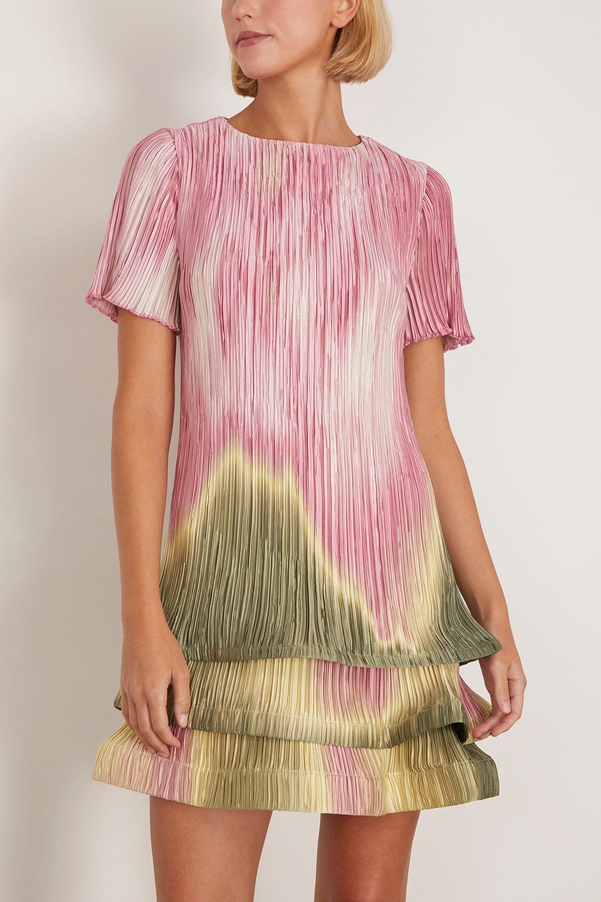 Simkhai Zenon Short Sleeve Mini Dress in Olive Sunset Print