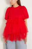 Simone Rocha Tops Tulle Overlay Puff Sleeve Tutu Hem T-Shirt in Red Simone Rocha Tulle Overlay Puff Sleeve Tutu Hem T-Shirt in Red