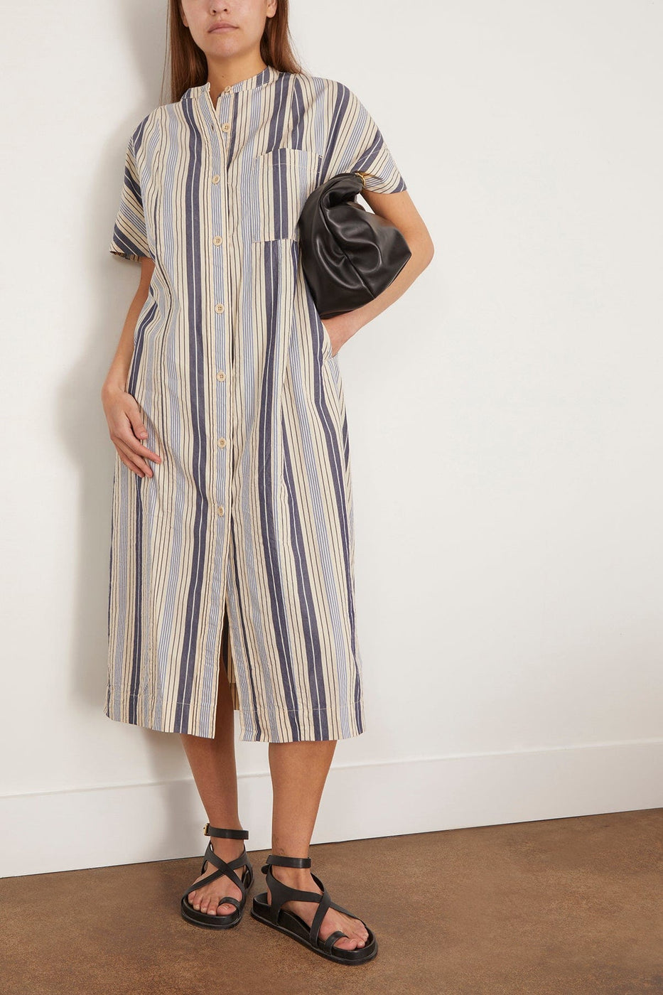 Toast Casual Dresses Drawstring Waist Stripe Cotton Shirt Dress in Ecru/Mixed Blues TOAST Drawstring Waist Stripe Cotton Shirt Dress in Ecru/Mixed Blues