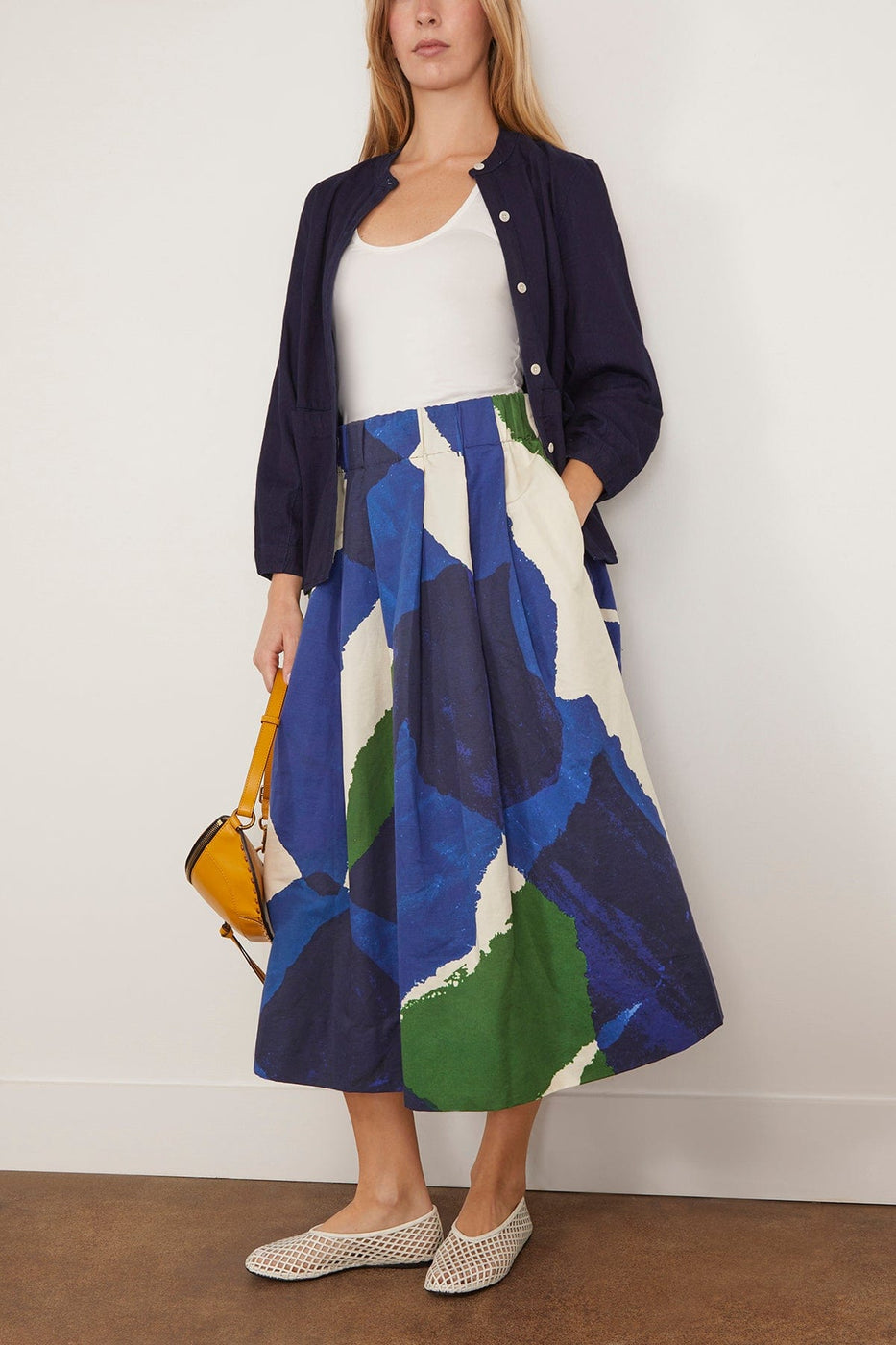 Toast Skirts Washi Print Cotton Linen Skirt in Ecru/Blue/Green TOAST Washi Print Cotton Linen Skirt in Ecru/Blue/Green