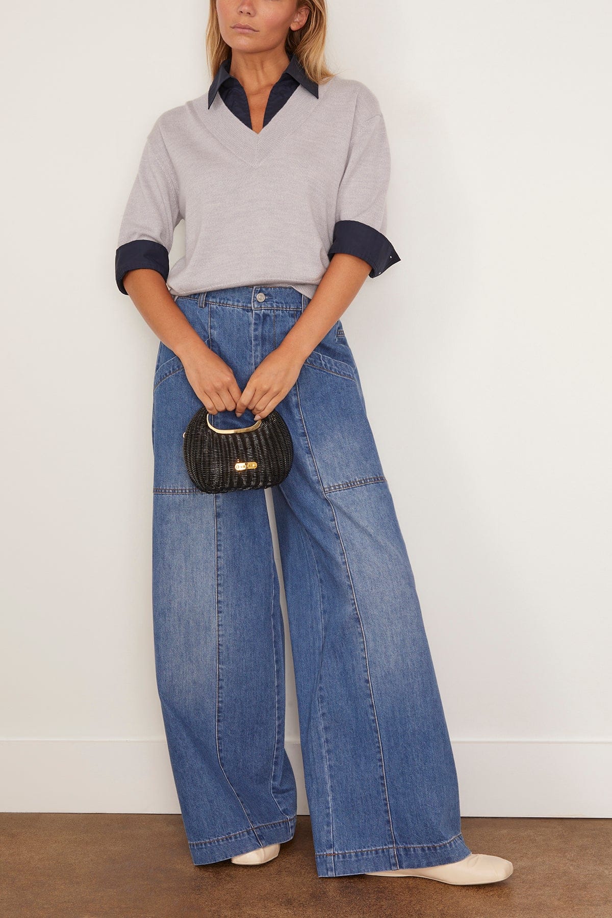 Tanya Taylor Esme Sweater Combo Top in Light Heather Gray/Maritime