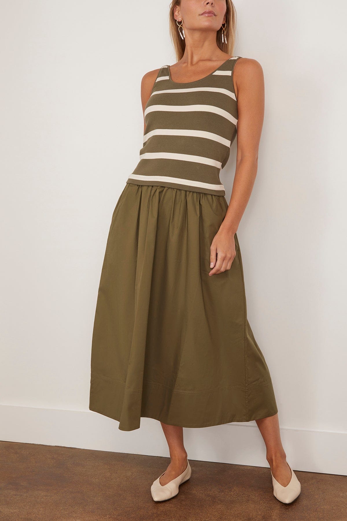 Tanya Taylor Amber Dress in Fern/Cream Wide Stripe