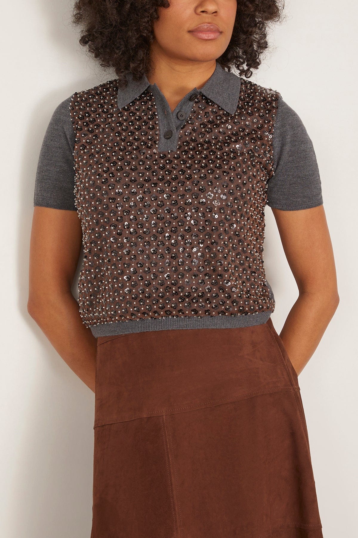 Tanya Taylor Camilla Knit Top in Dark Heather Grey/Bronze Multi