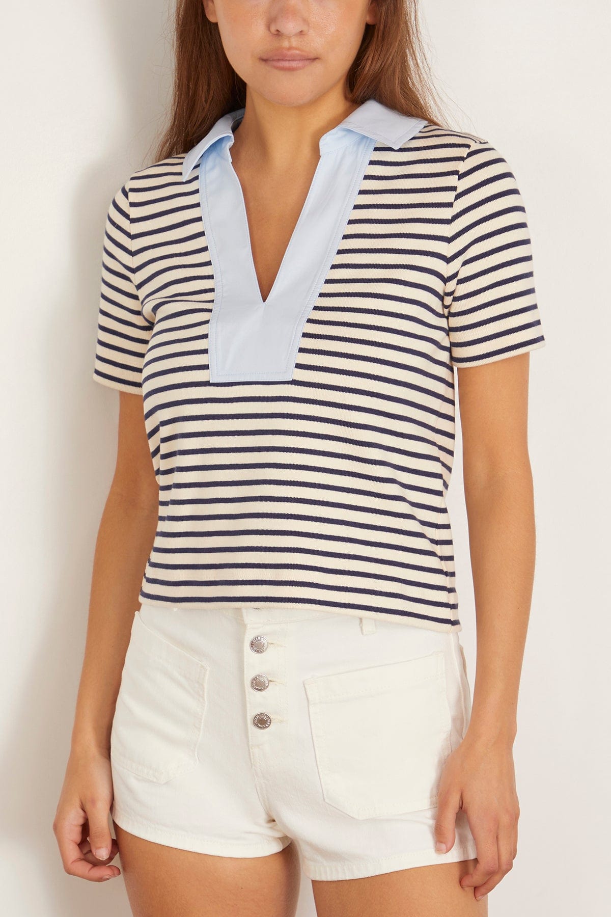 Tanya Taylor Melanie Top in Cream/Maritime Blue Thin Stripe