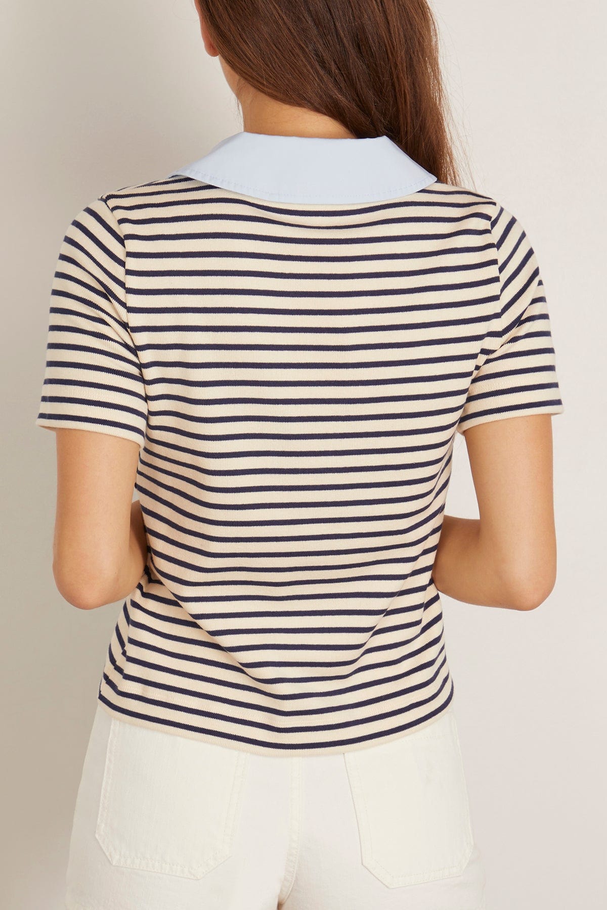 Tanya Taylor Melanie Top in Cream/Maritime Blue Thin Stripe