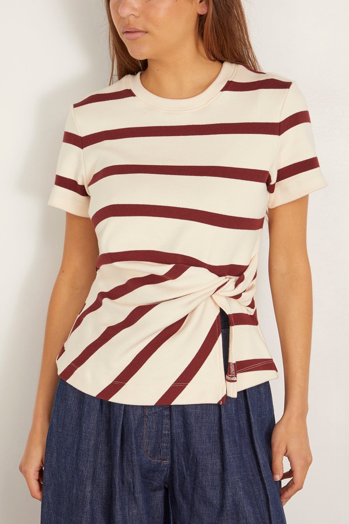 Tanya Taylor Short Sleeve Carlita Top in Cream/Raisin Wide Stripe