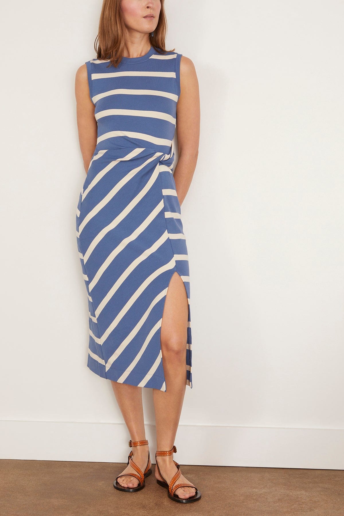 Tanya Taylor Sleeveless Cody Dress in French Blue/Cream Wide Stripe
