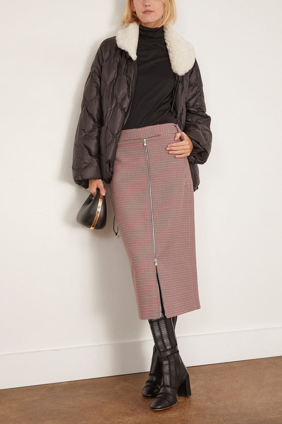 Tibi Leon Check Midi Trouser Zip Skirt in Pink Multi