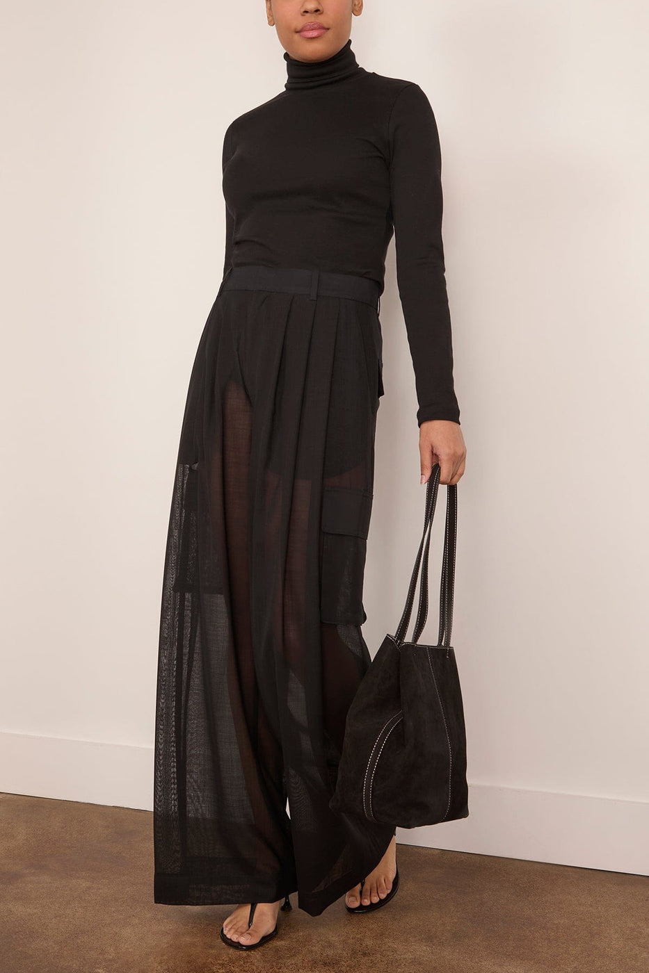 Tibi Sheer Wool Gauze Triple Pleat Pant in Black