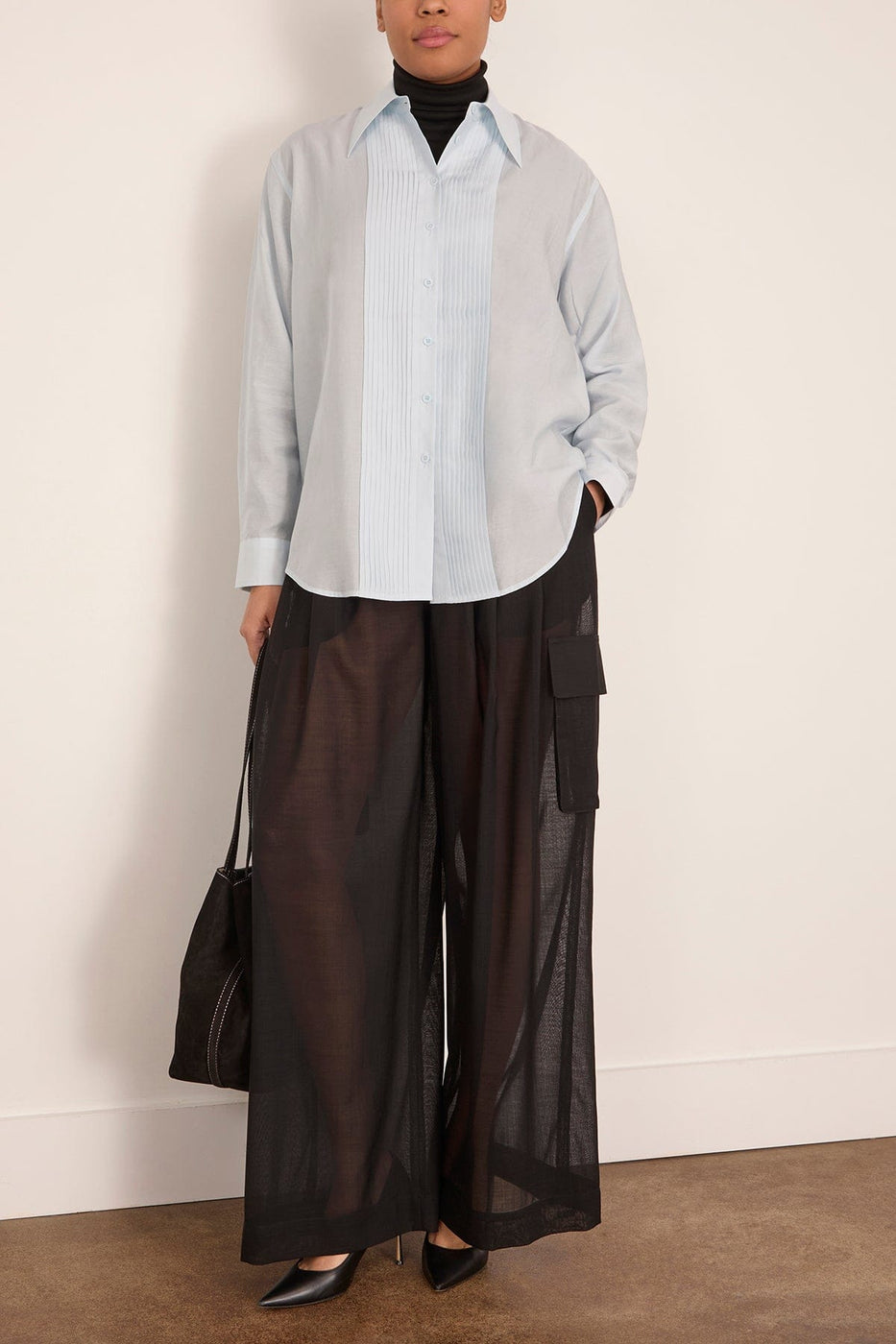 Tibi Silk Voile Easy Pintucked Shirt in Ice Blue