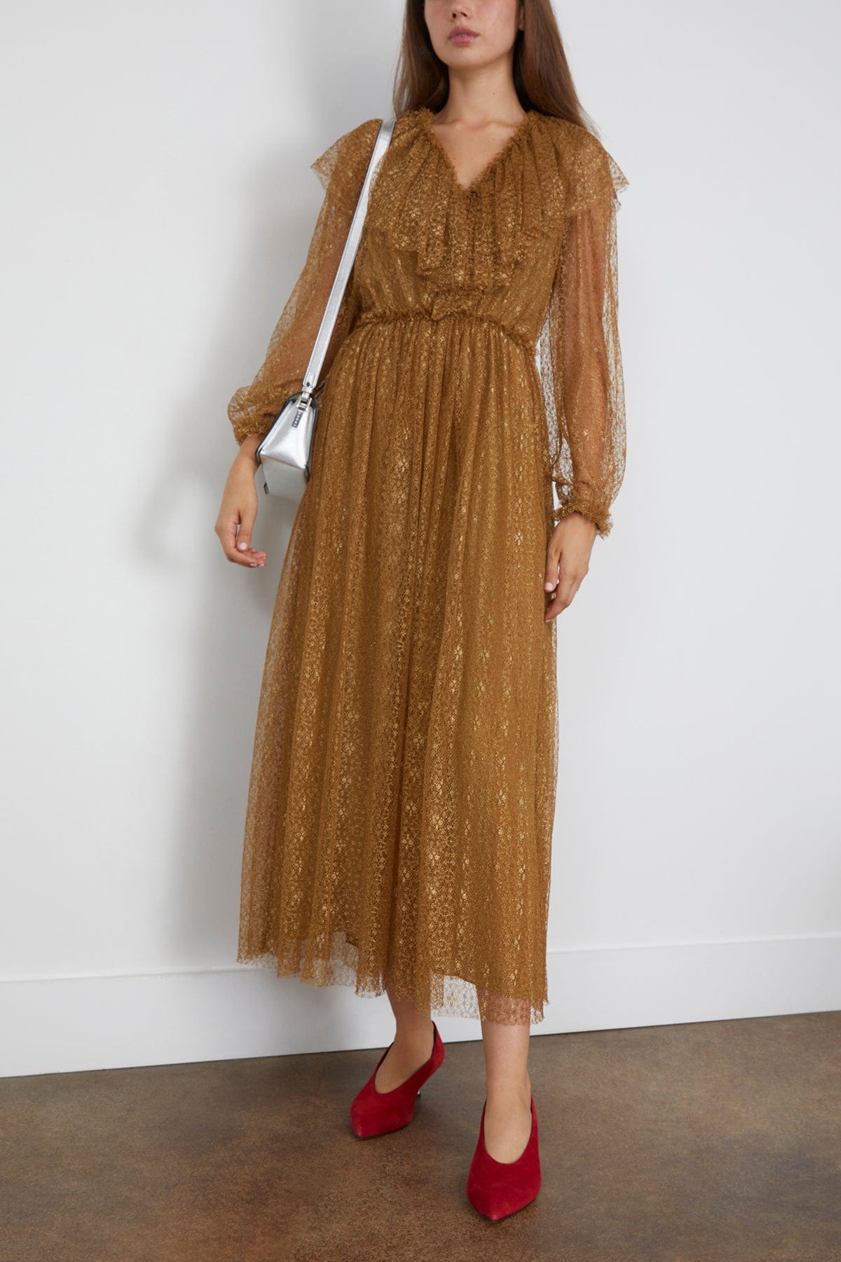 Ulla Johnson Helena Ruffle Neckline Long Sleeve Dress in Burnish