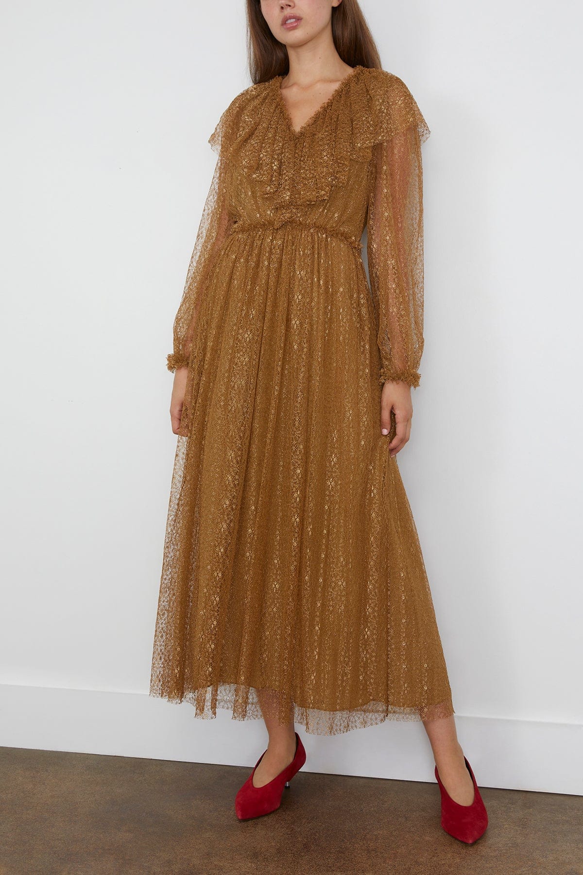 Ulla Johnson Helena Ruffle Neckline Long Sleeve Dress in Burnish