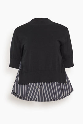 Poplin x Knit Pullover in Black/Dark Navy Stripe
