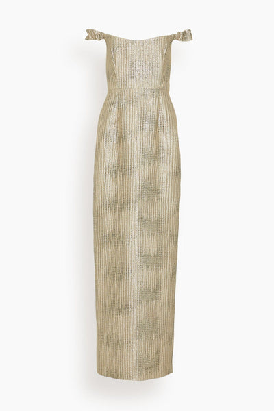 Yolanda Brocade Off The Shoulder Gown in Gold Wavy Stripe
