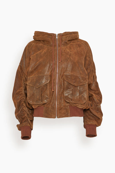 Leather Shirred Oversized Bomber in Brown