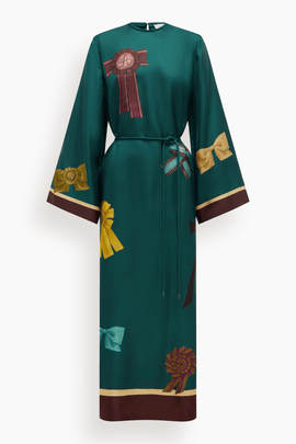 Rosette Silk Scarf Midi Dress in Teal