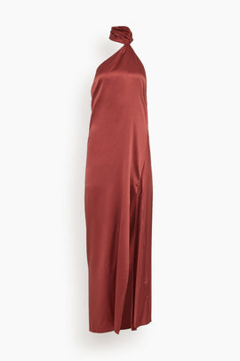 Soie Asymmetrical Halter Gown in Brick Dust