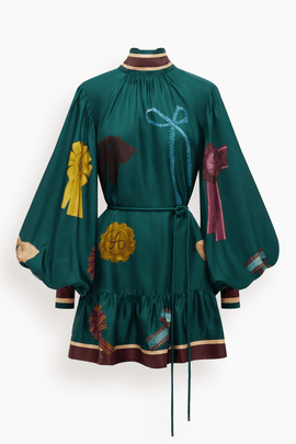 Rosette Silk Mini Dress in Teal