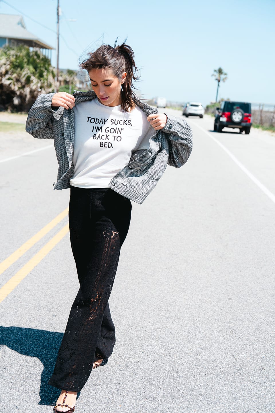 R13 Relaxed Pleated Trucker Jacket in Black and White Houndstooth