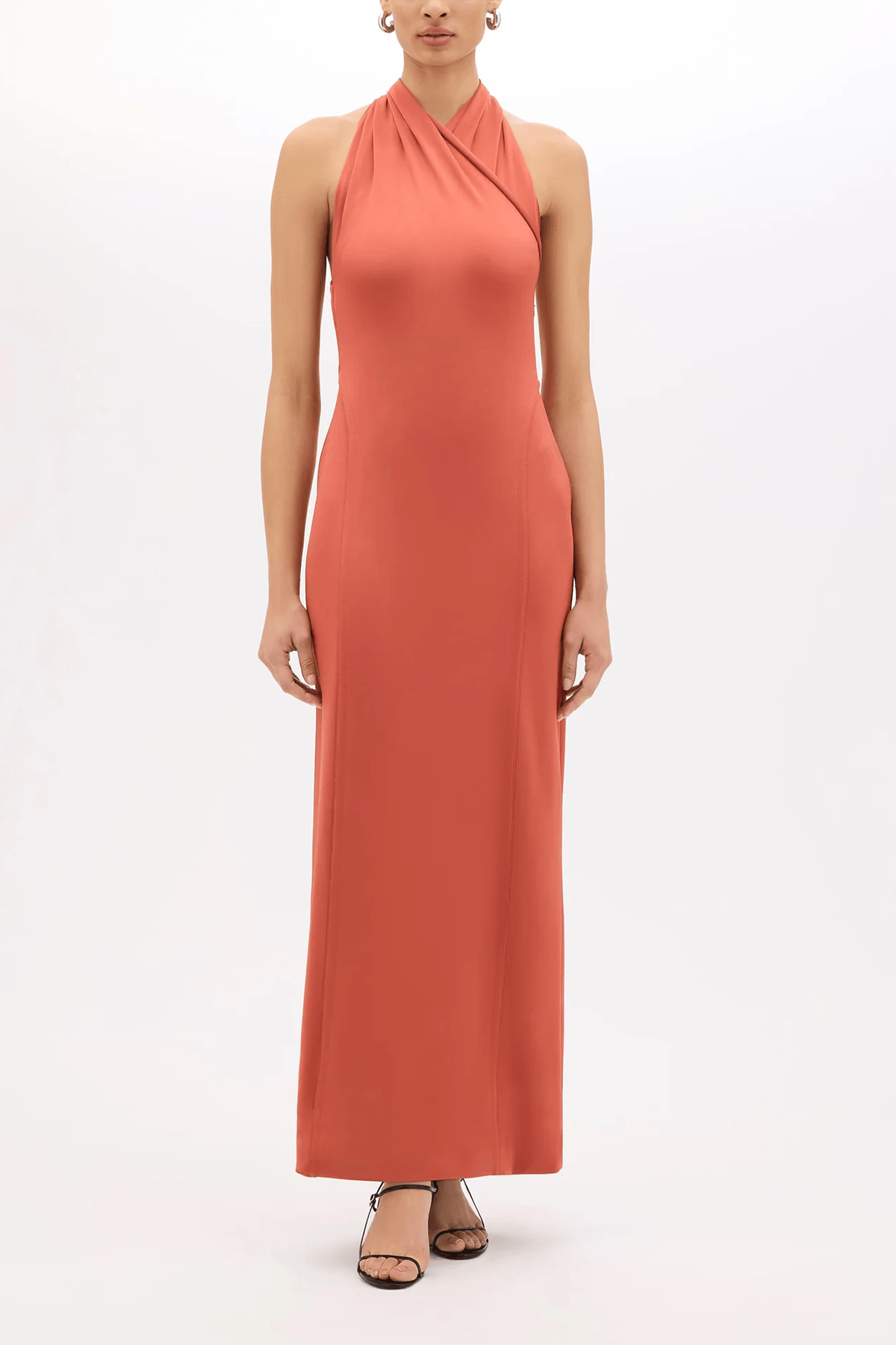 Another Tomorrow Gathered Halter Dress in Persimmon at Air Supply 42