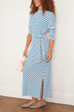 Apiece Apart Casual Dresses Long Sleeve Vanina Cinched Waist Dress in Cobalt/Cream Stripe Apiece Apart Long Sleeve Vanina Cinched Waist Dress in Cobalt/Cream Stripe