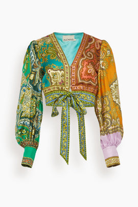 Clemenza Spliced Crop Silk Blouse in Multi