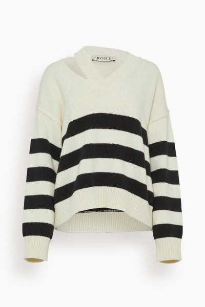 Deconstructed Cashmere Knitted Breton V-Neck in Off White/Black White Stripe