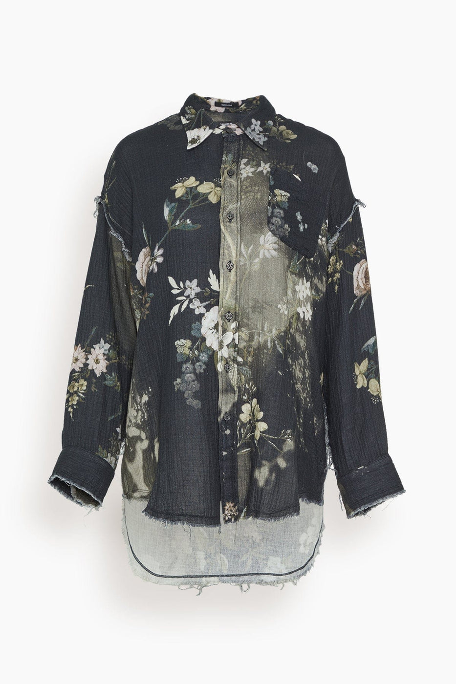 R13 Tops Shredded Seam Drop Neck Shirt in Black Bleached Floral R13 Shredded Seam Drop Neck Shirt in Black Bleached Floral